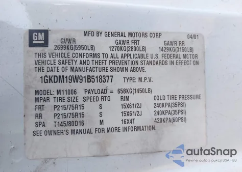 2001 GMC Safari Sle из США, поврежденный, VIN 1GKDM19W91B518377